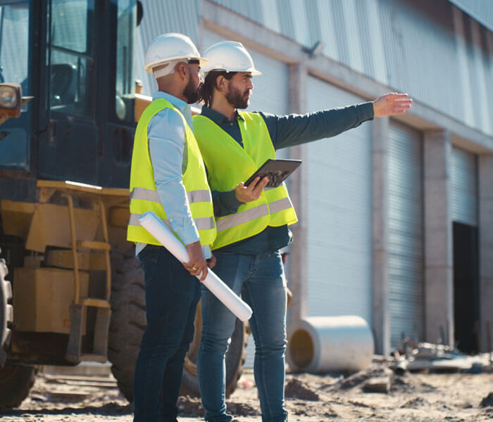 contractor and laborer discussing project plans on a new build project